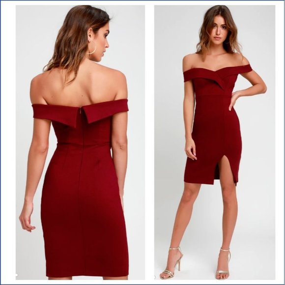 Lulu's Dresses & Skirts - Lulu's Dress sz M Burgundy Bodycon Off Shoulders Classic Glam Slit Cocktail NEW